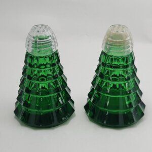 Vtg Jizerske Sklo Czech Republic Christmas Tree Salt & Pepper Shakers Glass Set